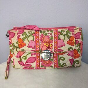 VERA BRADLEY Push Lock Wristlet Wallet Lilli Bell Pink Orange Floral Spring